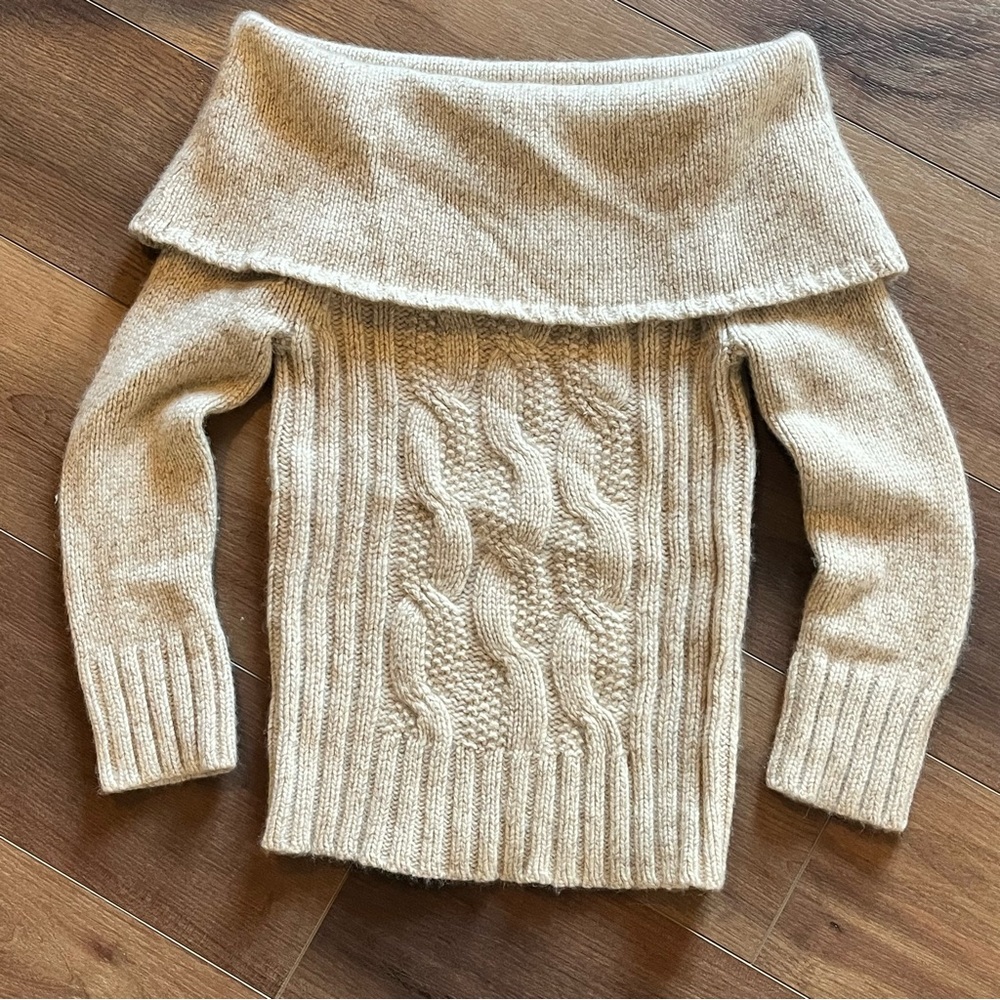 Vintage Y2K 100% Cashmere Off The Shoulder Cable Knit Sweater Womens Medium